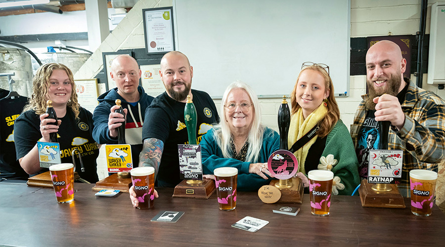 Leanne Jones (Wakey Wakey), Jon Duffin (CAMRA Rochdale Oldham and Bury), Anthony Jones (Wakey Wakey), Councillor Sue Smith, Eloise Gettings (Twisted Mule Brewery and Tap House), and Domenico Iannidiaardi (Twisted Mule Brewery and Tap House).
