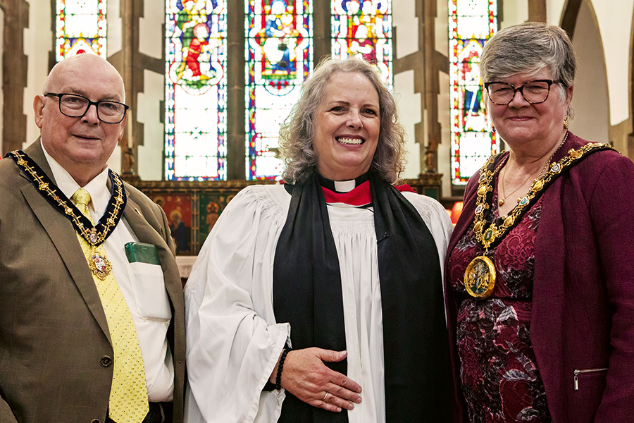 Revd Anne Gilbert with Mayor Janet Emsley & Consort to the Mayor, Ken Emsley
